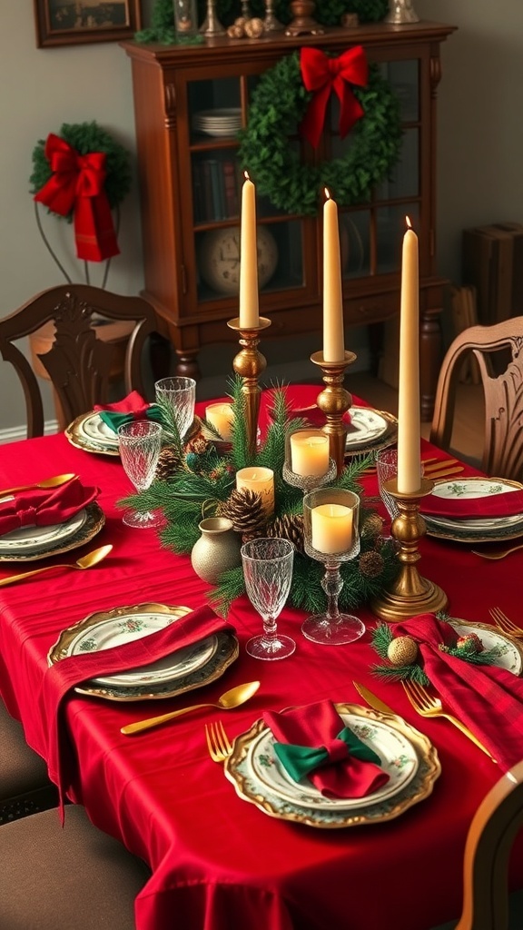 Vintage Red Christmas Table Settings A vintage red Christmas table setting with antique dishware, gold flatware, and rustic decorations.